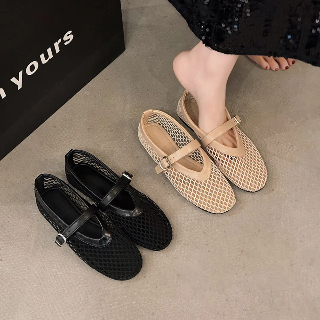 OCW Woman Shoes Comfortable Round Toe Buckles Cut-out Mary Jane Shoes Mesh Ballet Flats