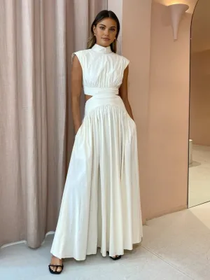 Pleated Maxi Dress | Silky Polyester | Open-Back Design
