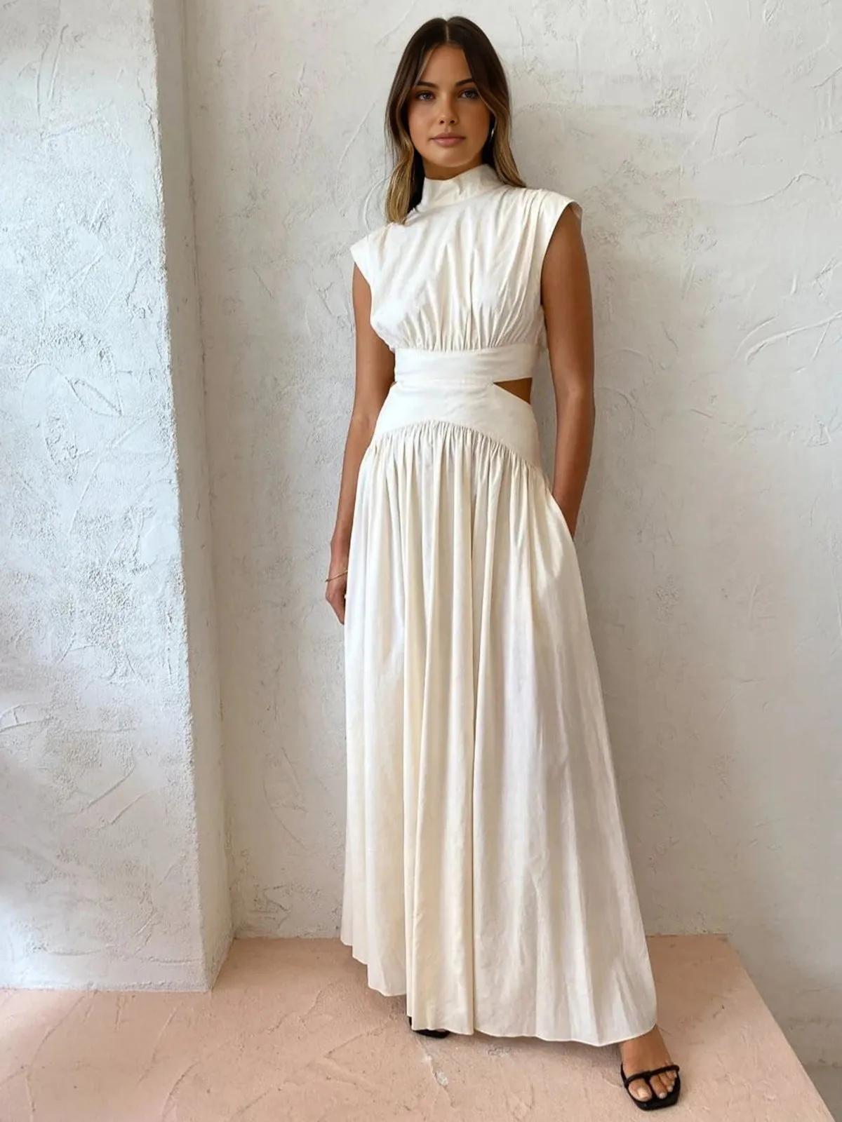 Pleated Maxi Dress | Silky Polyester | Open-Back Design