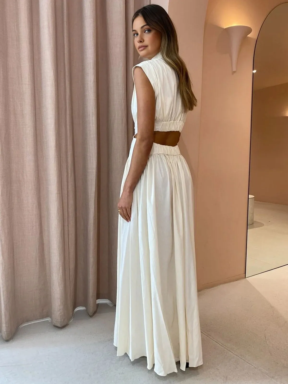 Pleated Maxi Dress | Silky Polyester | Open-Back Design