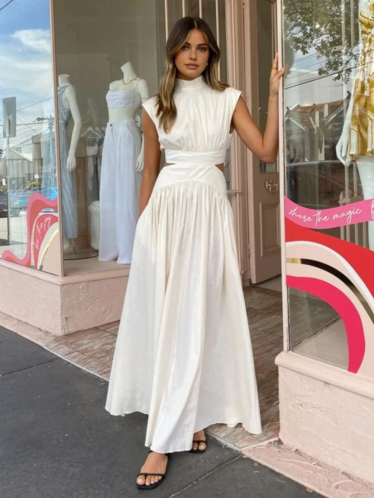 Pleated Maxi Dress | Silky Polyester | Open-Back Design