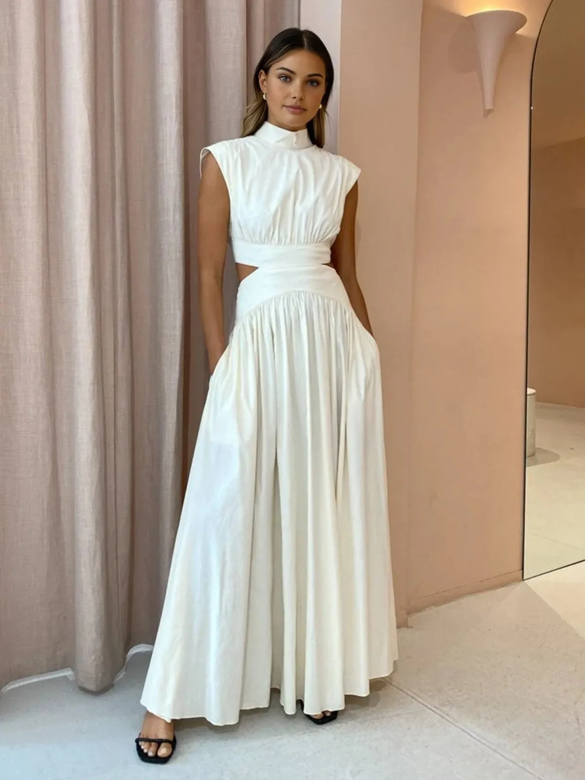 Pleated Maxi Dress | Silky Polyester | Open-Back Design