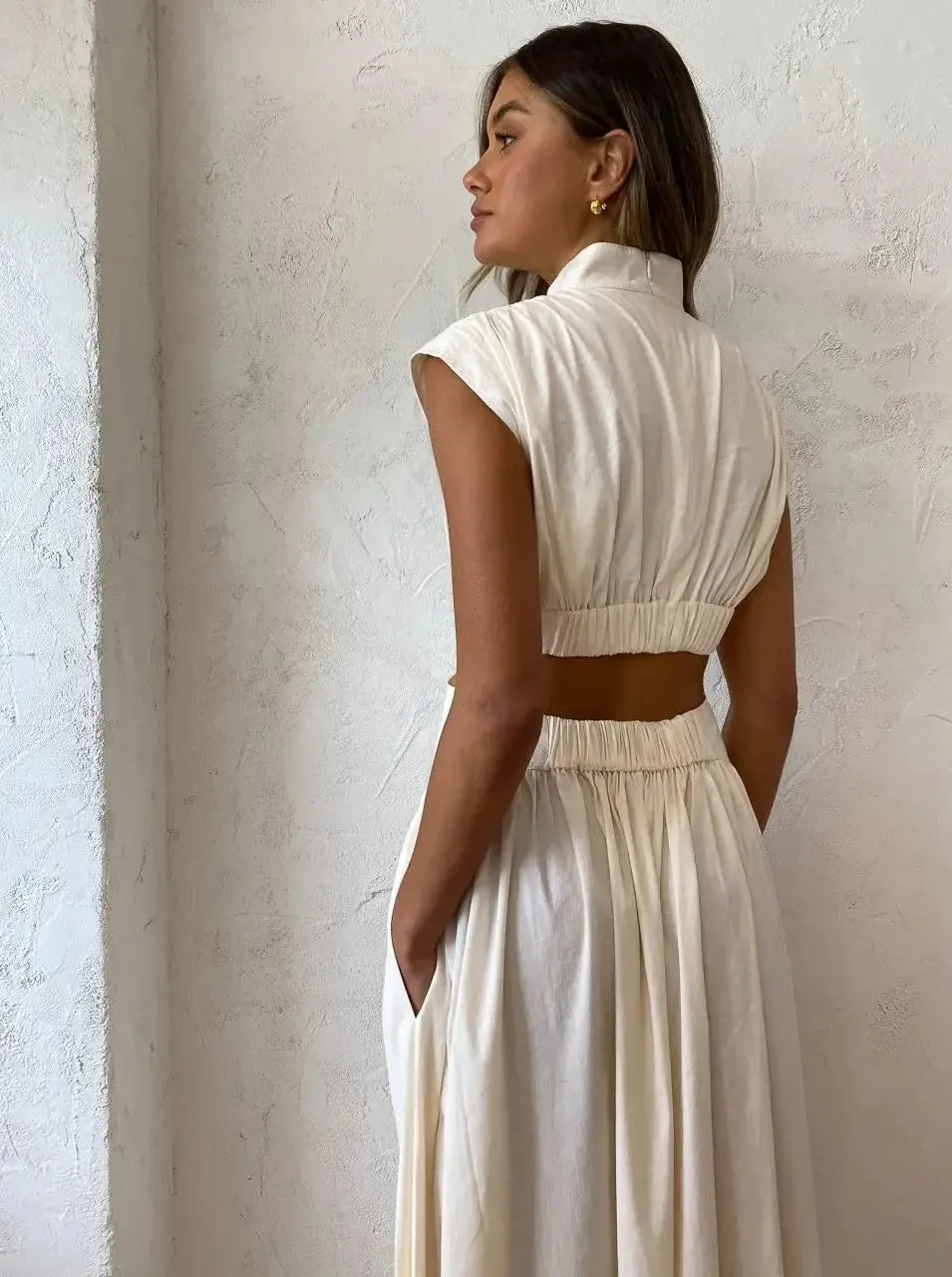 Pleated Maxi Dress | Silky Polyester | Open-Back Design