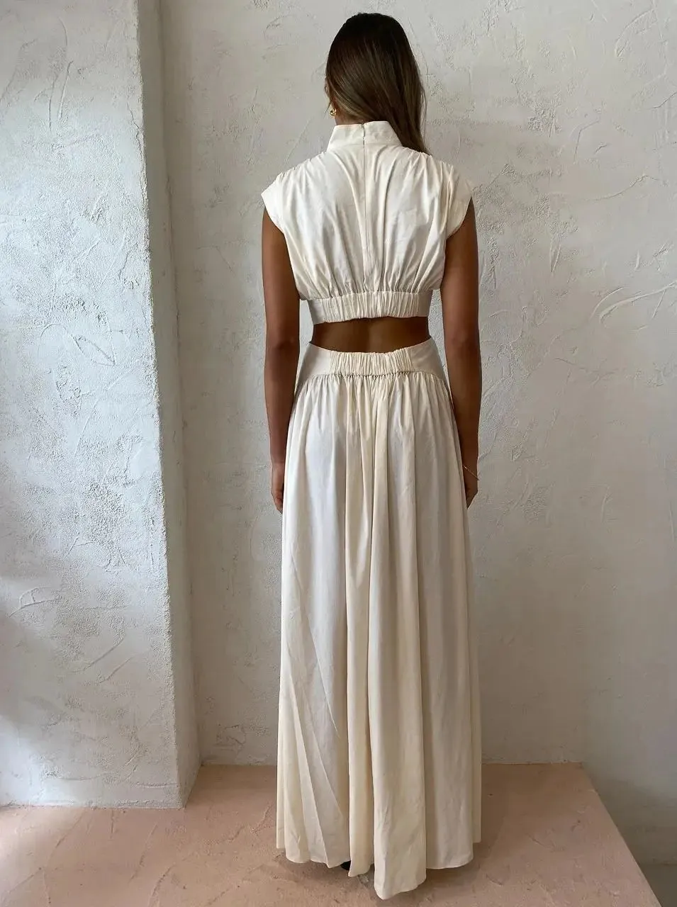 Pleated Maxi Dress | Silky Polyester | Open-Back Design