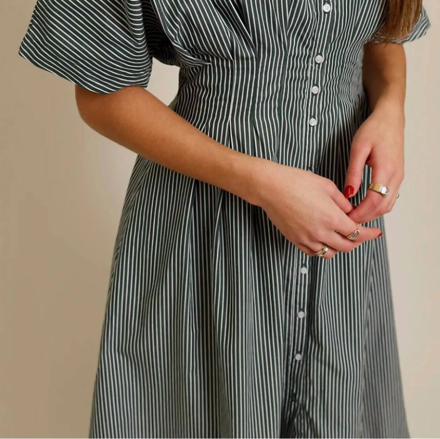 Pleated Stripe Midi Dress In Grey