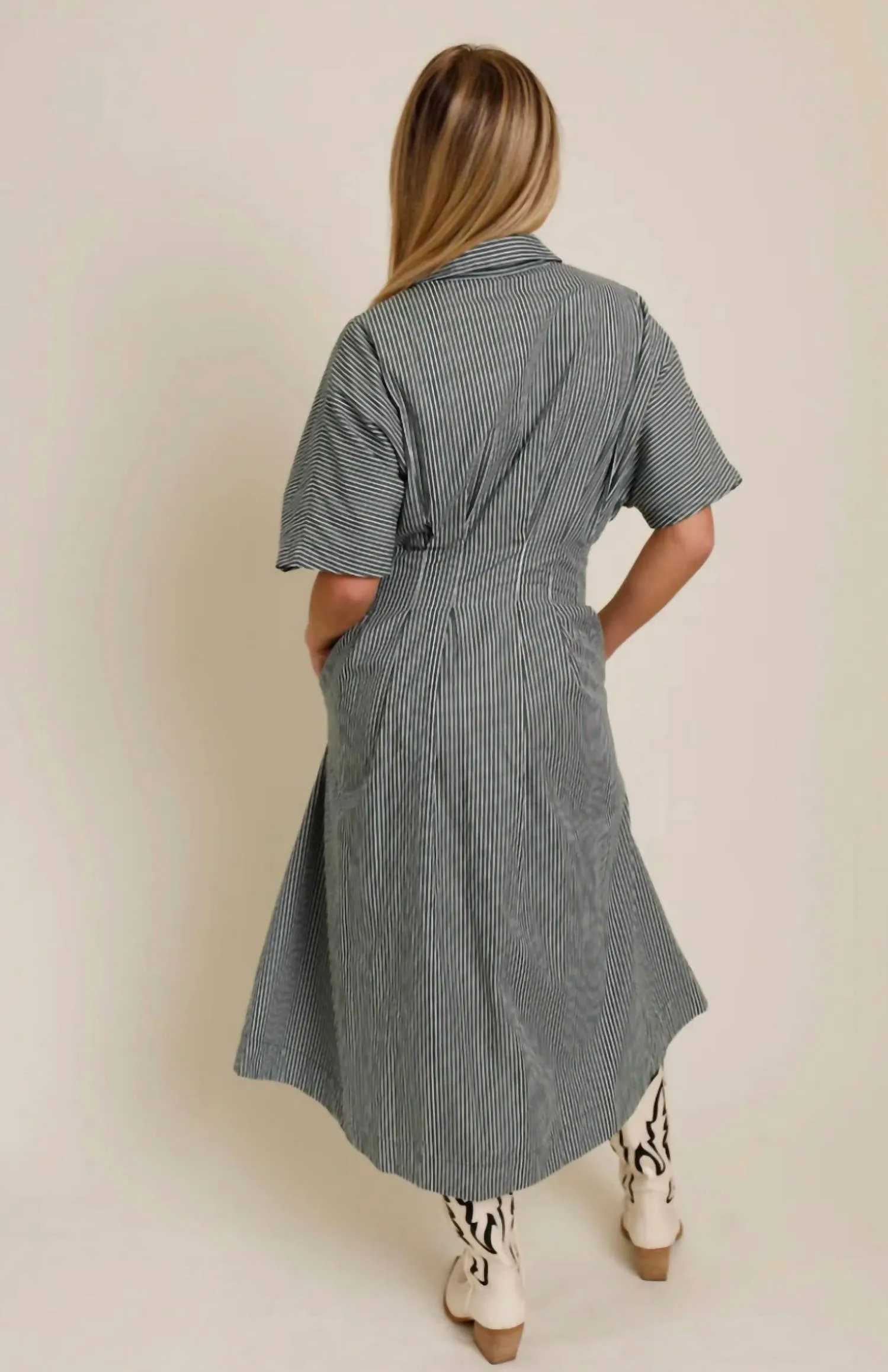 Pleated Stripe Midi Dress In Grey