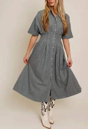 Pleated Stripe Midi Dress In Grey
