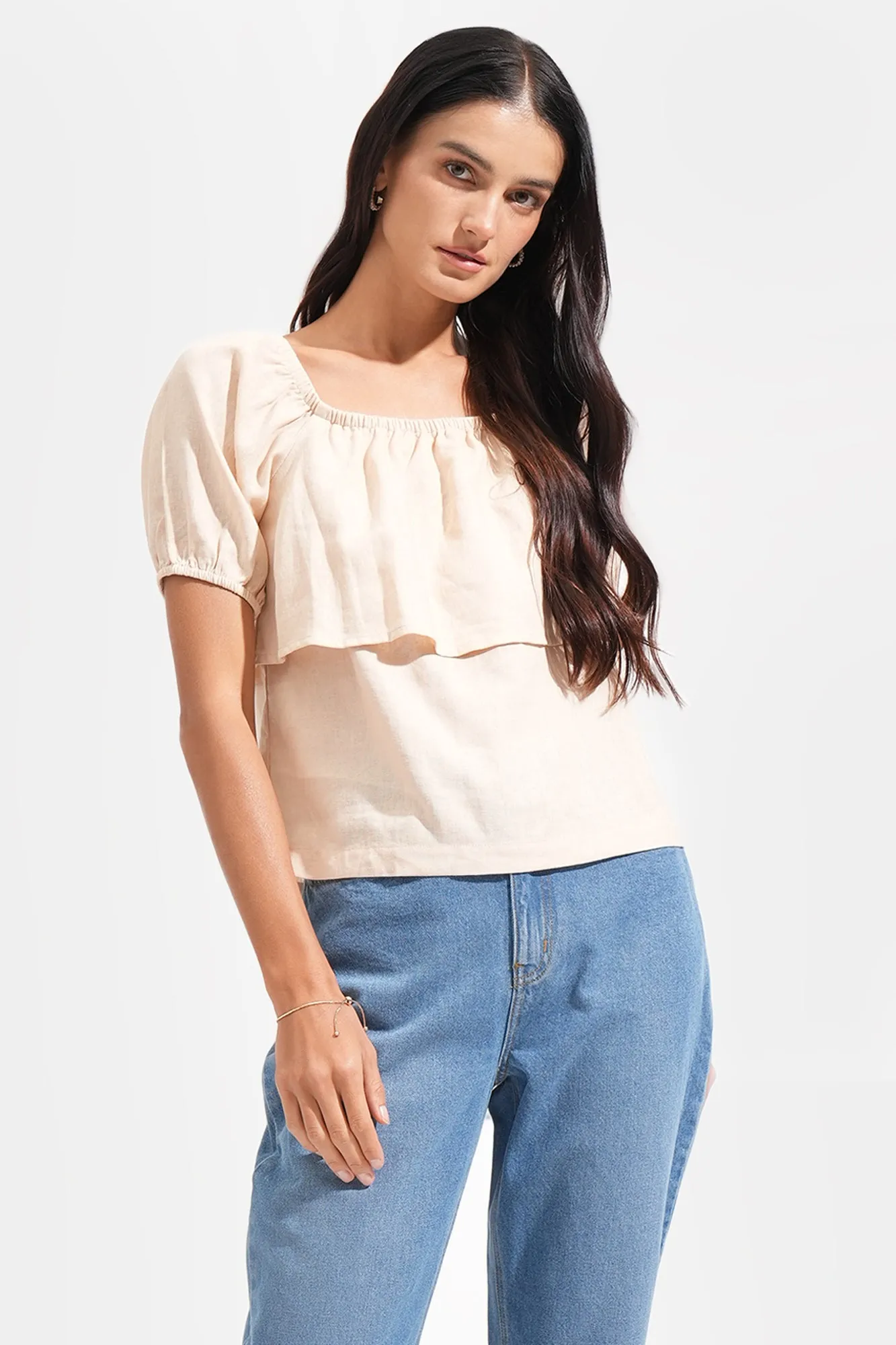 REFORME Two-Way Shirred Linen Blend Top