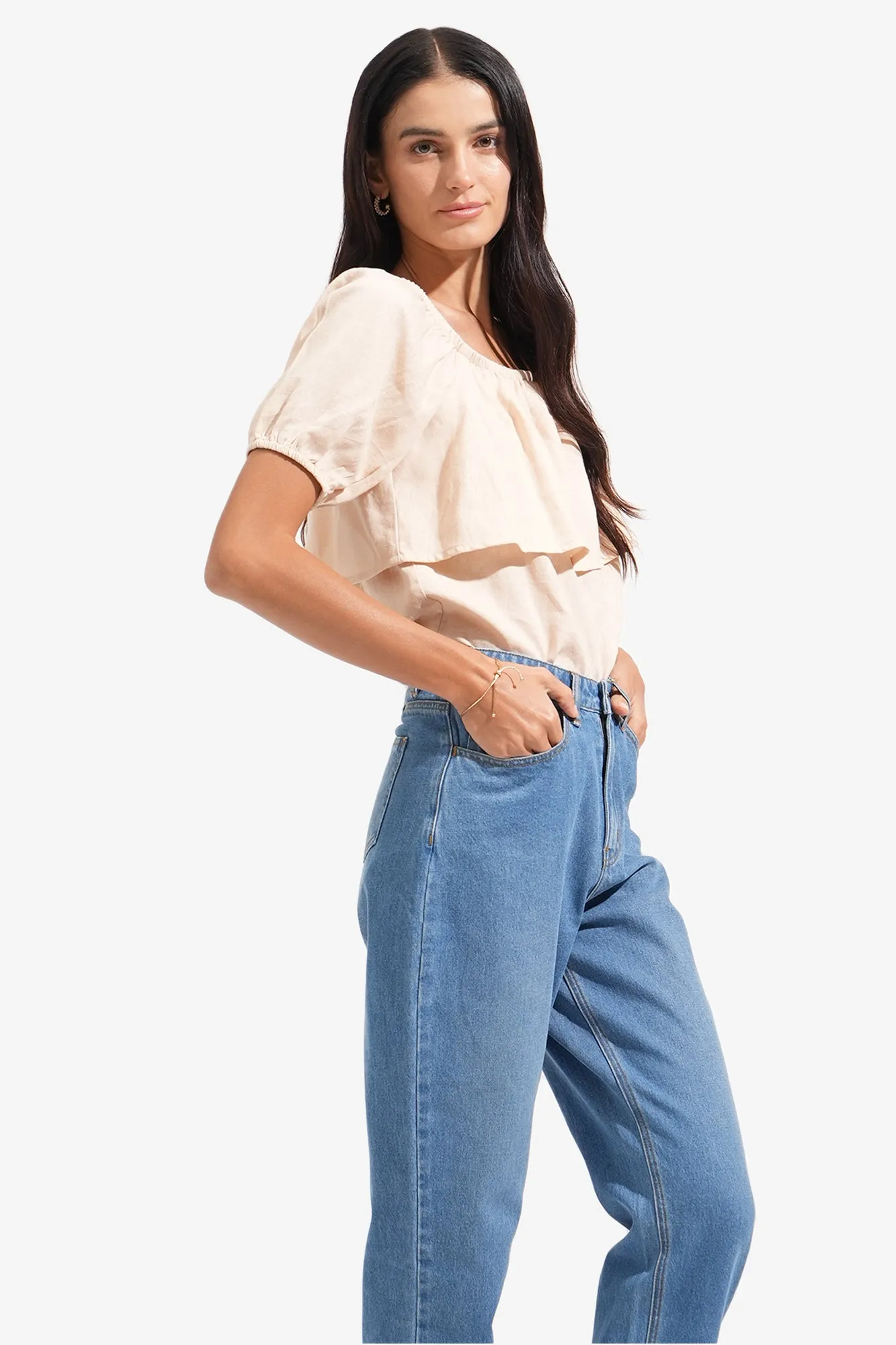 REFORME Two-Way Shirred Linen Blend Top