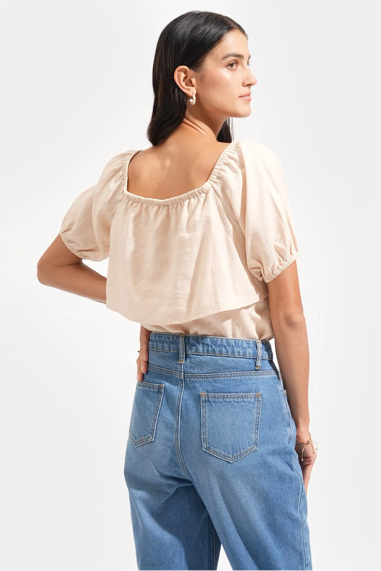 REFORME Two-Way Shirred Linen Blend Top