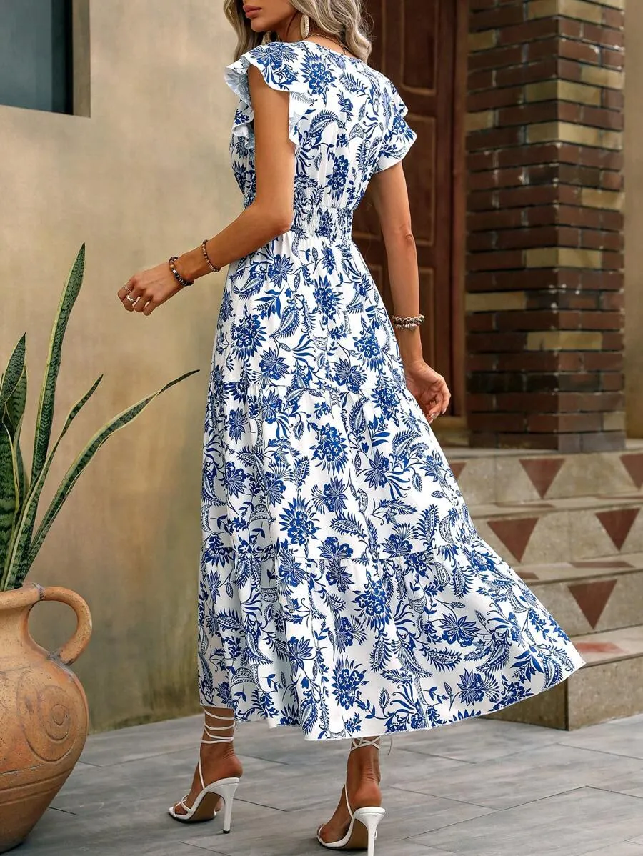 Sapphire Bloom V-Neck Midi Dress