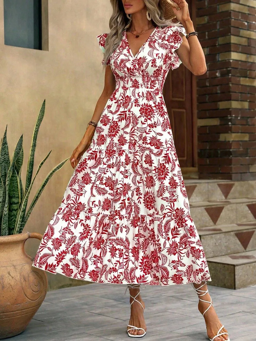 Sapphire Bloom V-Neck Midi Dress