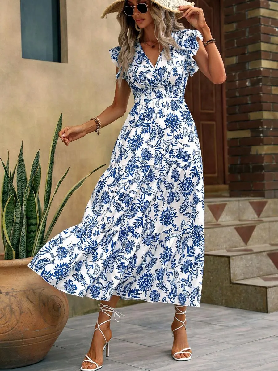 Sapphire Bloom V-Neck Midi Dress