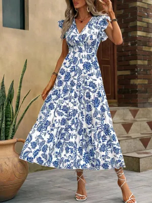 Sapphire Bloom V-Neck Midi Dress