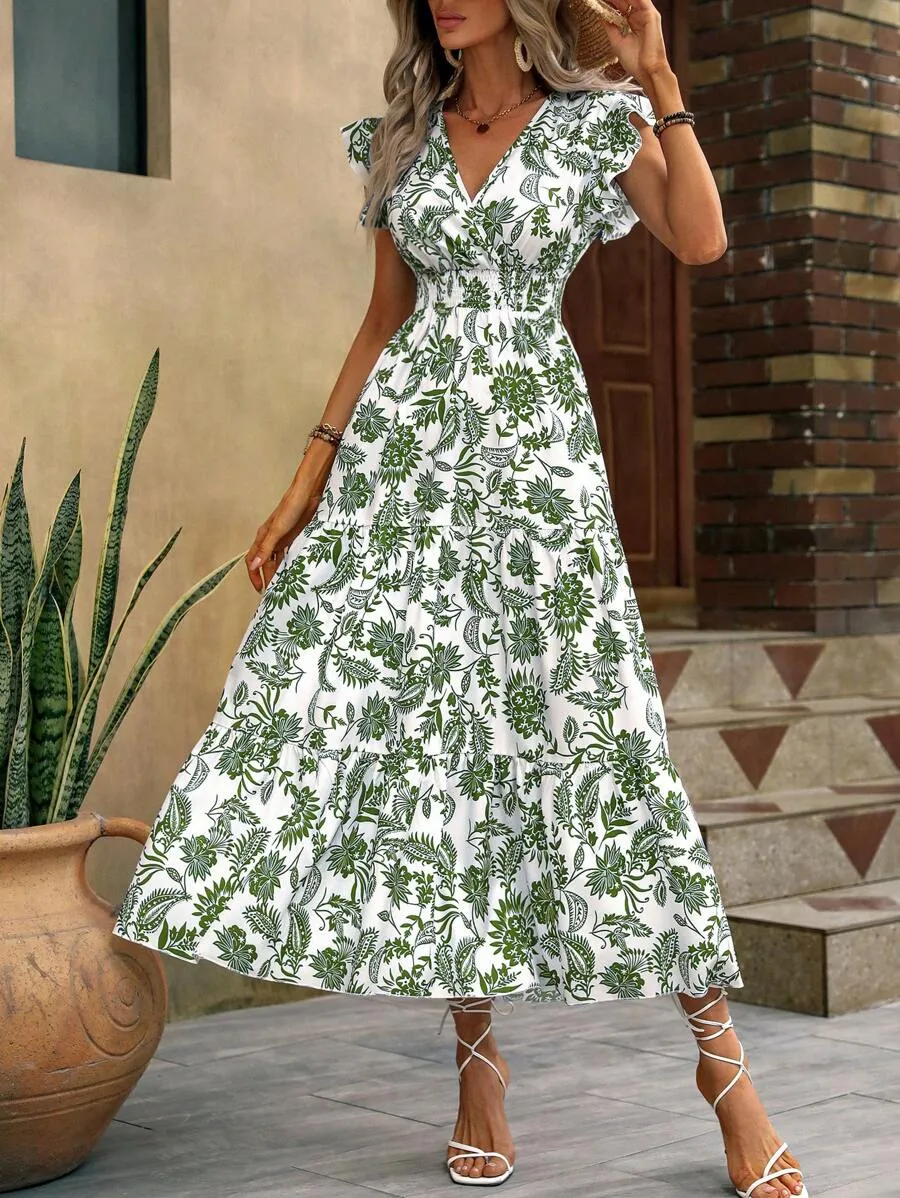 Sapphire Bloom V-Neck Midi Dress
