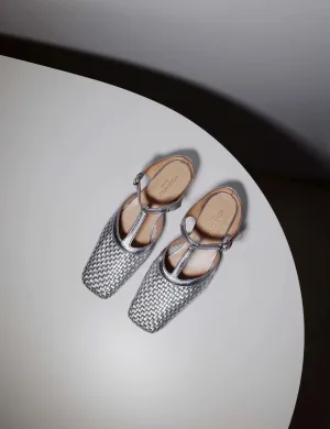 Silver Woven T-Strap Sandals