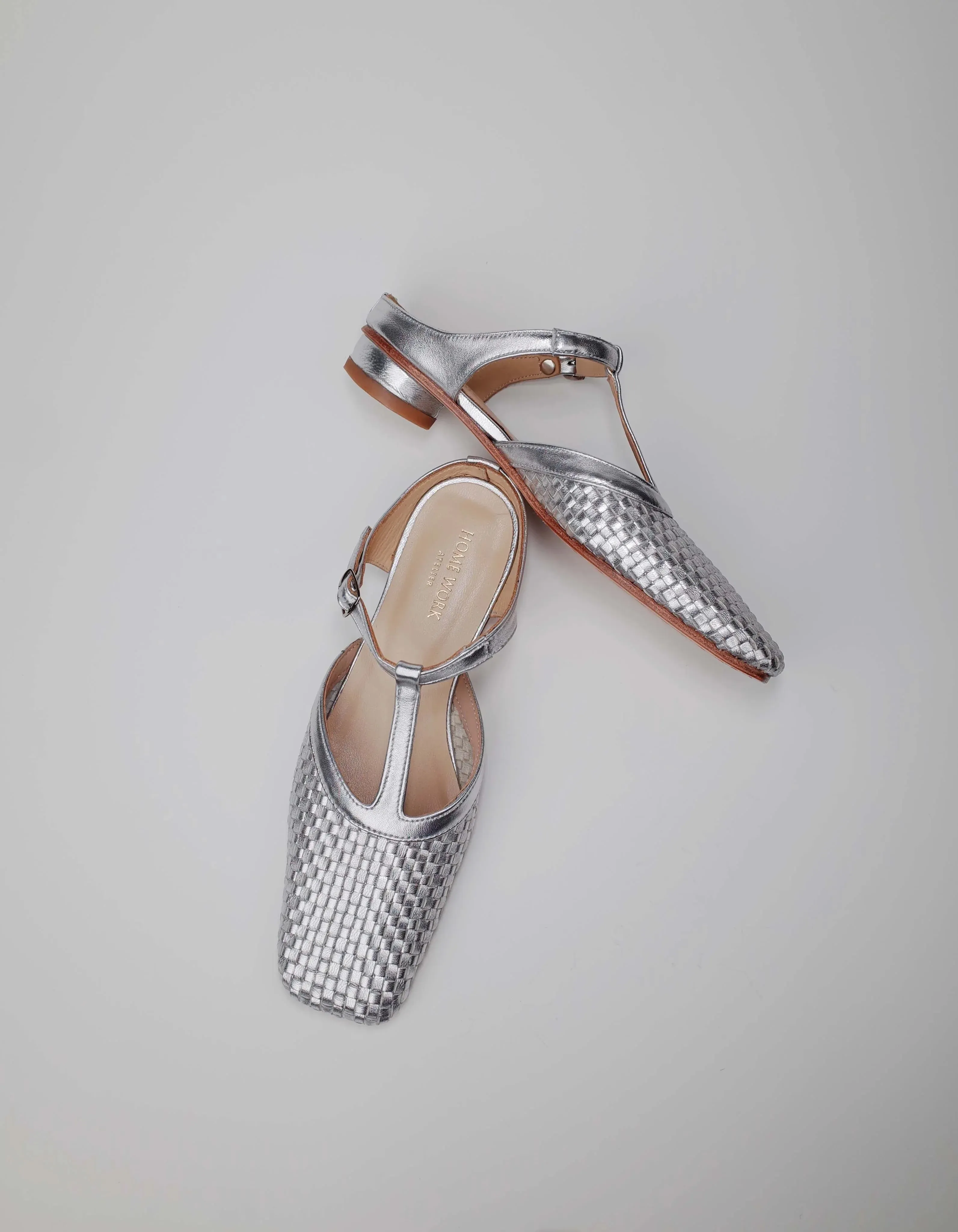 Silver Woven T-Strap Sandals