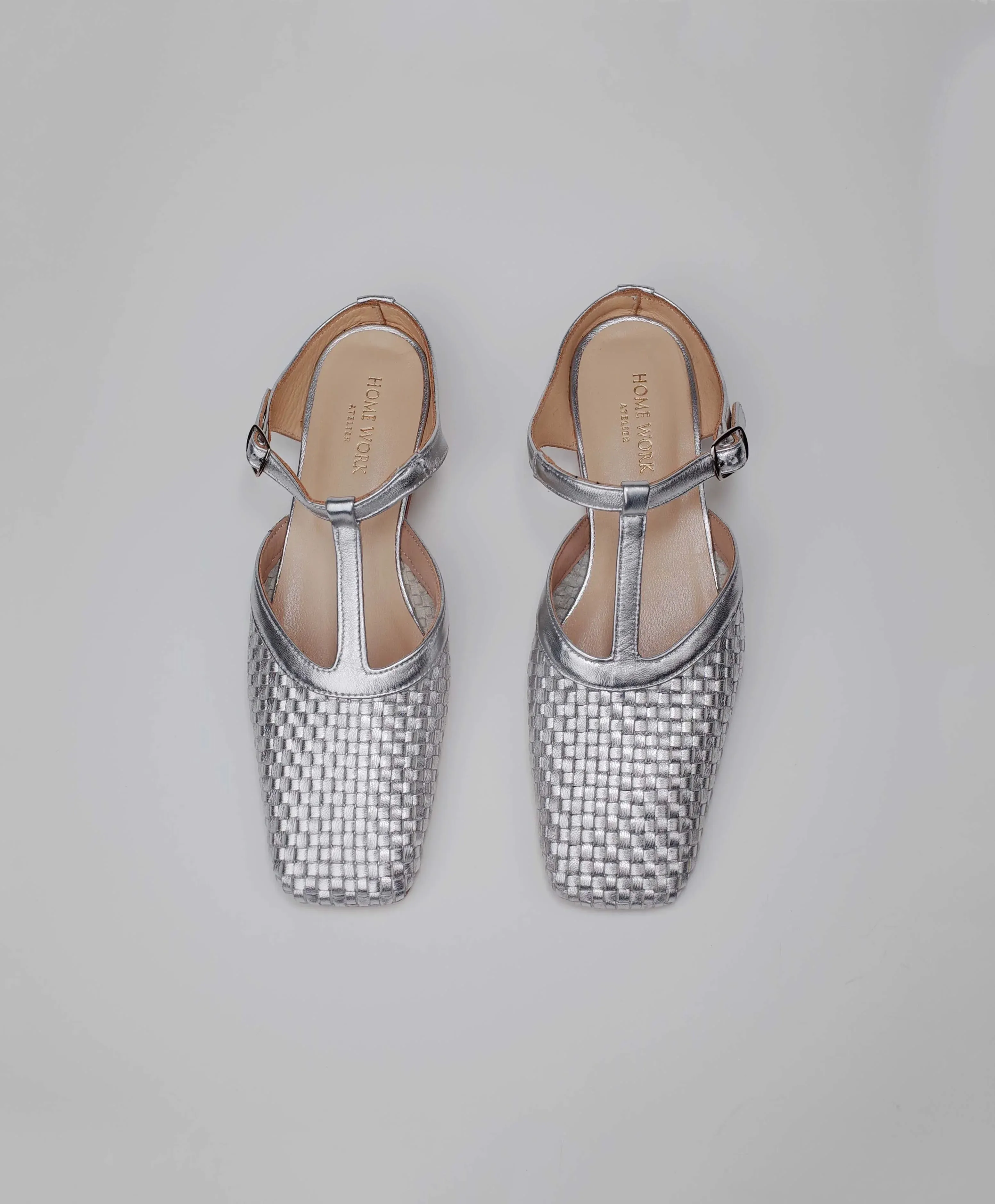 Silver Woven T-Strap Sandals