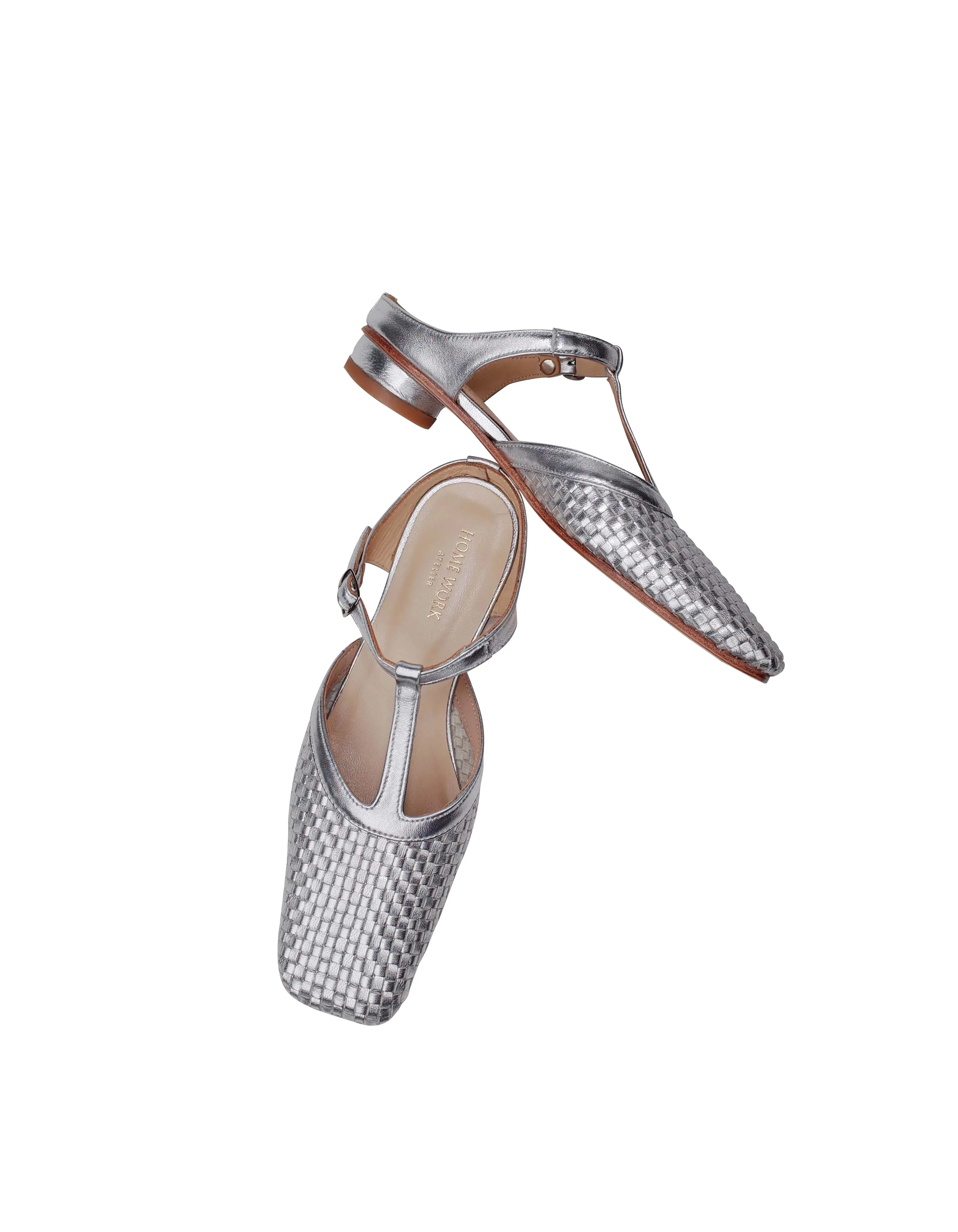 Silver Woven T-Strap Sandals