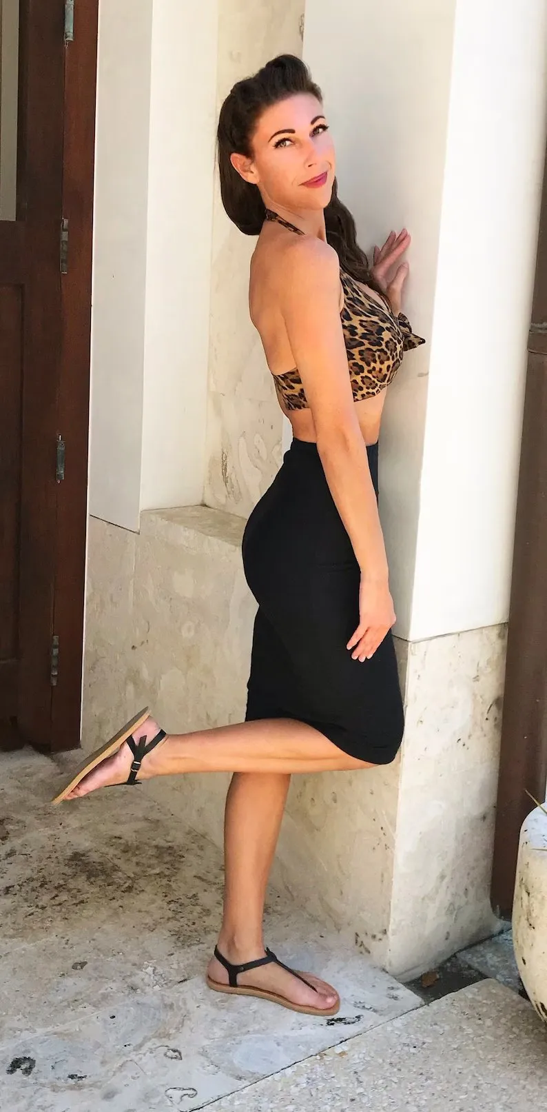 T-strap black leather sandals