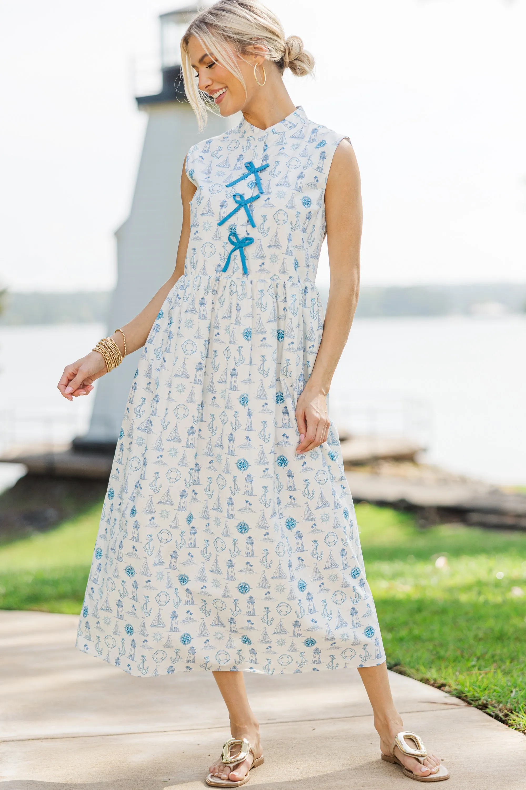 The Creative Navy Blue Toile Midi Dress