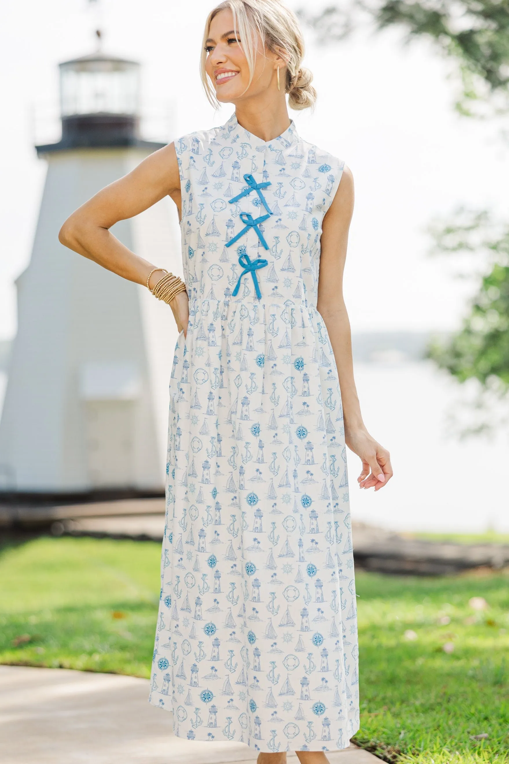 The Creative Navy Blue Toile Midi Dress