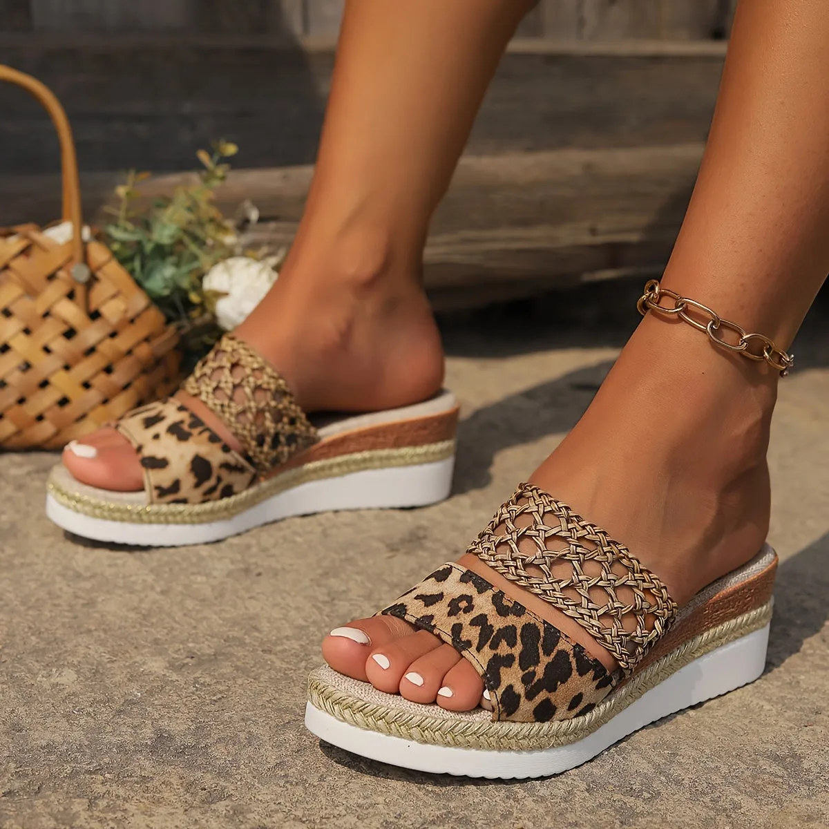 Thick-soled Slippers Women's Outdoor Slip-on Shoes New Style Wedge Fashion Loose Thick Sole High Quality Platform Fish Mouth High Heel Woven Straw Sandals