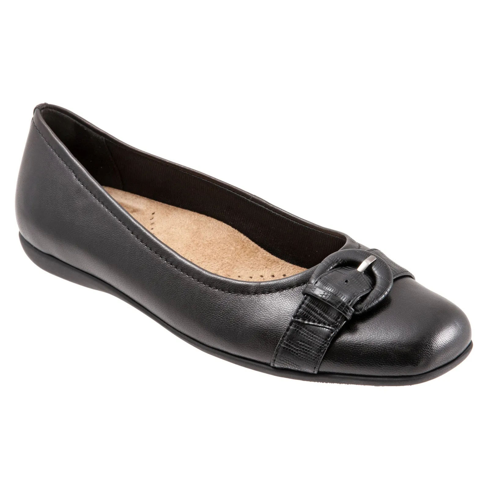 Trotters Sylvia T2166-001 Womens Black Wide Leather Ballet Flats Shoes