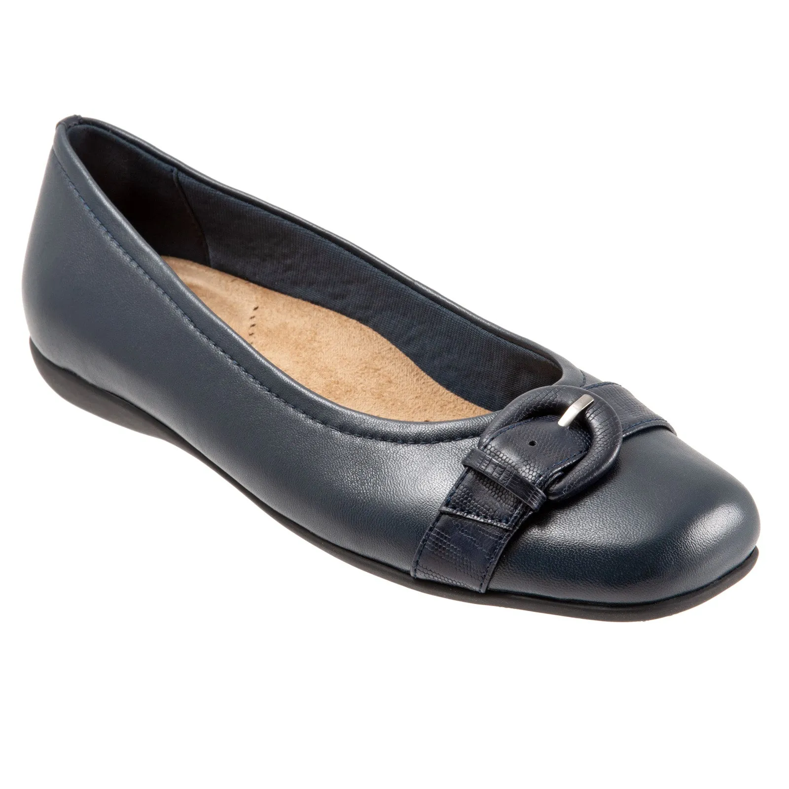 Trotters Sylvia T2166-400 Womens Blue Wide Leather Ballet Flats Shoes