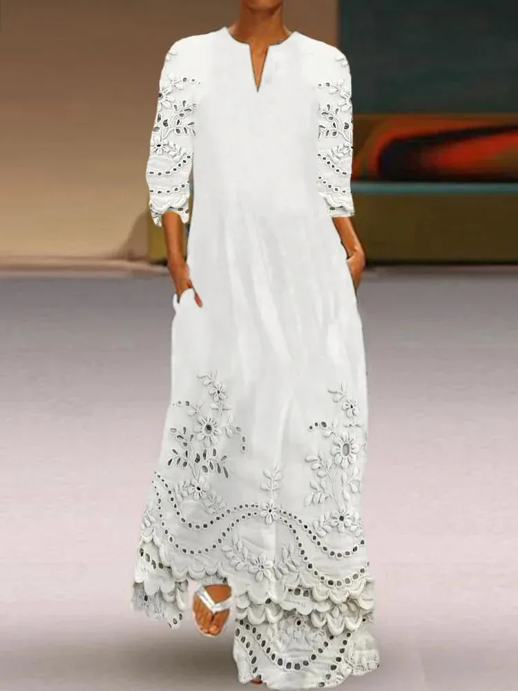 Whimsical Floral Lace Trim Flowy Maxi Dress