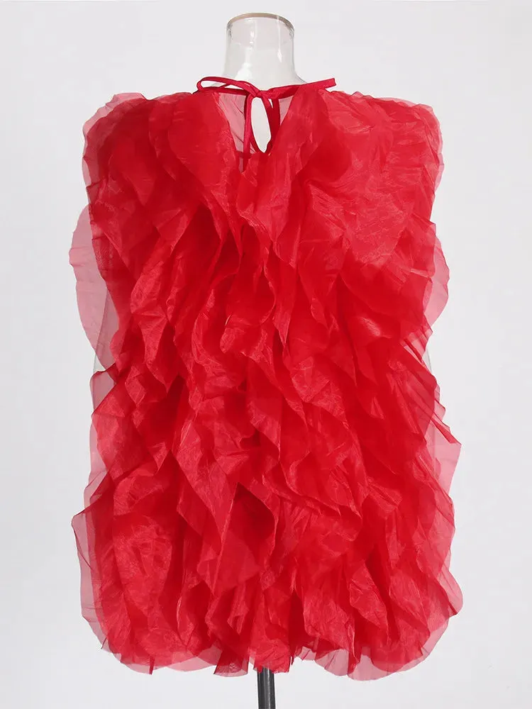 Women Round Neck Sleeveless Lace Up Mesh Elegant Casual Dress
