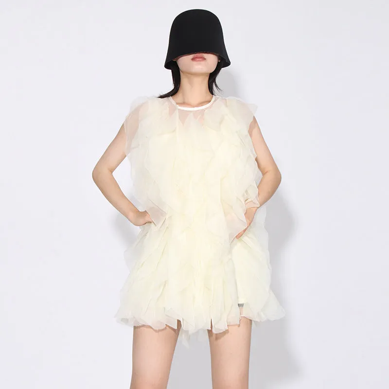 Women Round Neck Sleeveless Lace Up Mesh Elegant Casual Dress