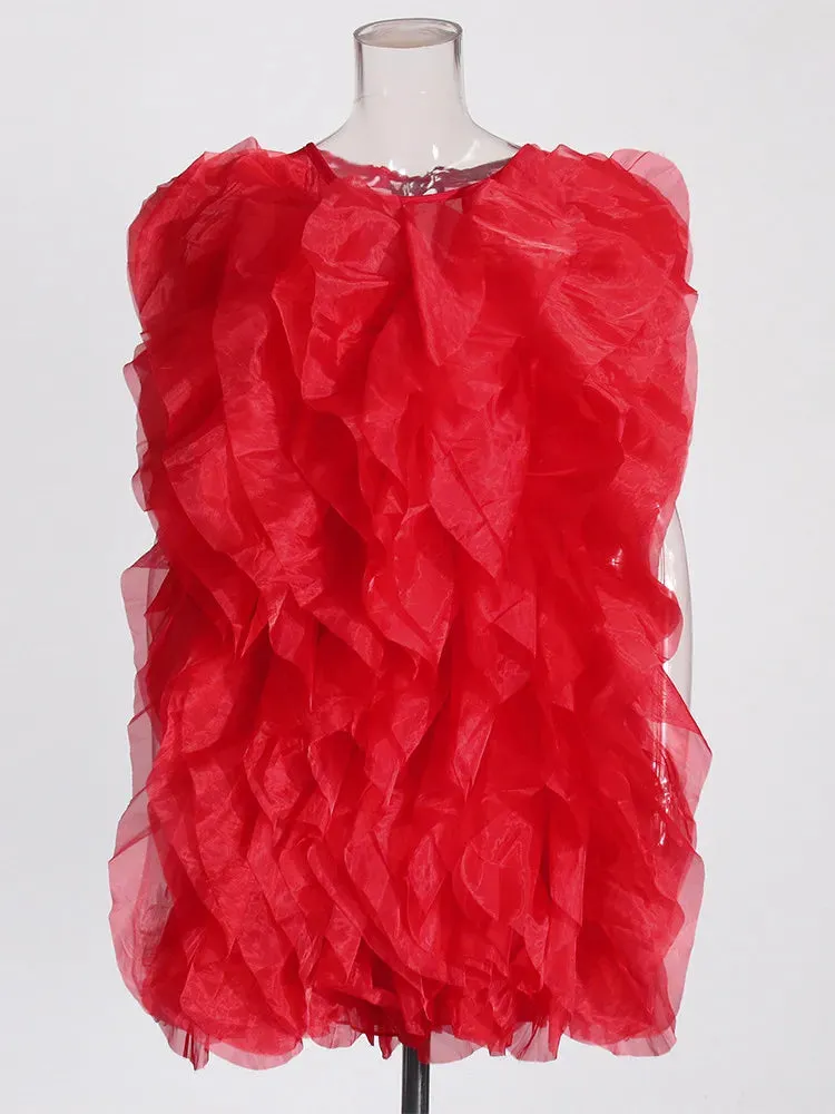 Women Round Neck Sleeveless Lace Up Mesh Elegant Casual Dress
