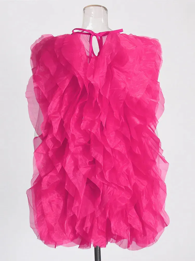 Women Round Neck Sleeveless Lace Up Mesh Elegant Casual Dress