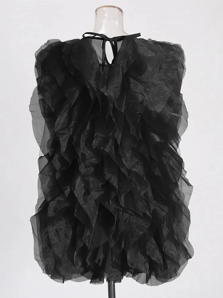 Women Round Neck Sleeveless Lace Up Mesh Elegant Casual Dress