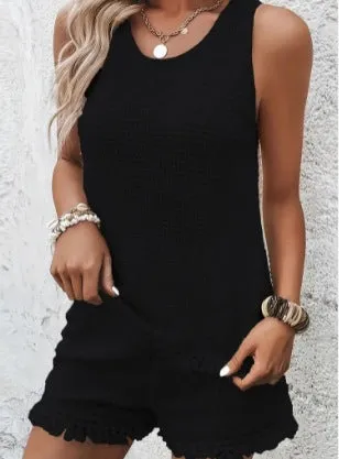 Women's Cotton Casual Set - Knitted Sleeveless Top & Shorts