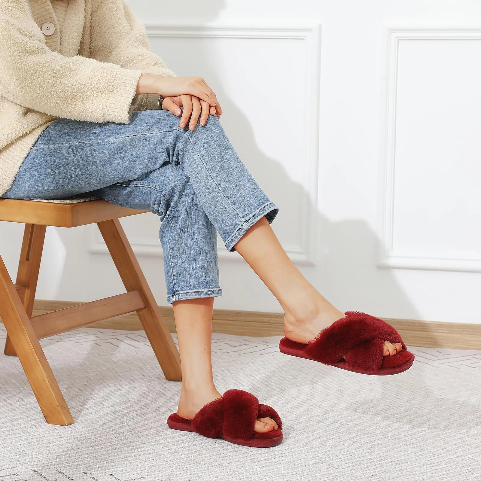 Women's Plush Open Toe Cross Band Slippers
