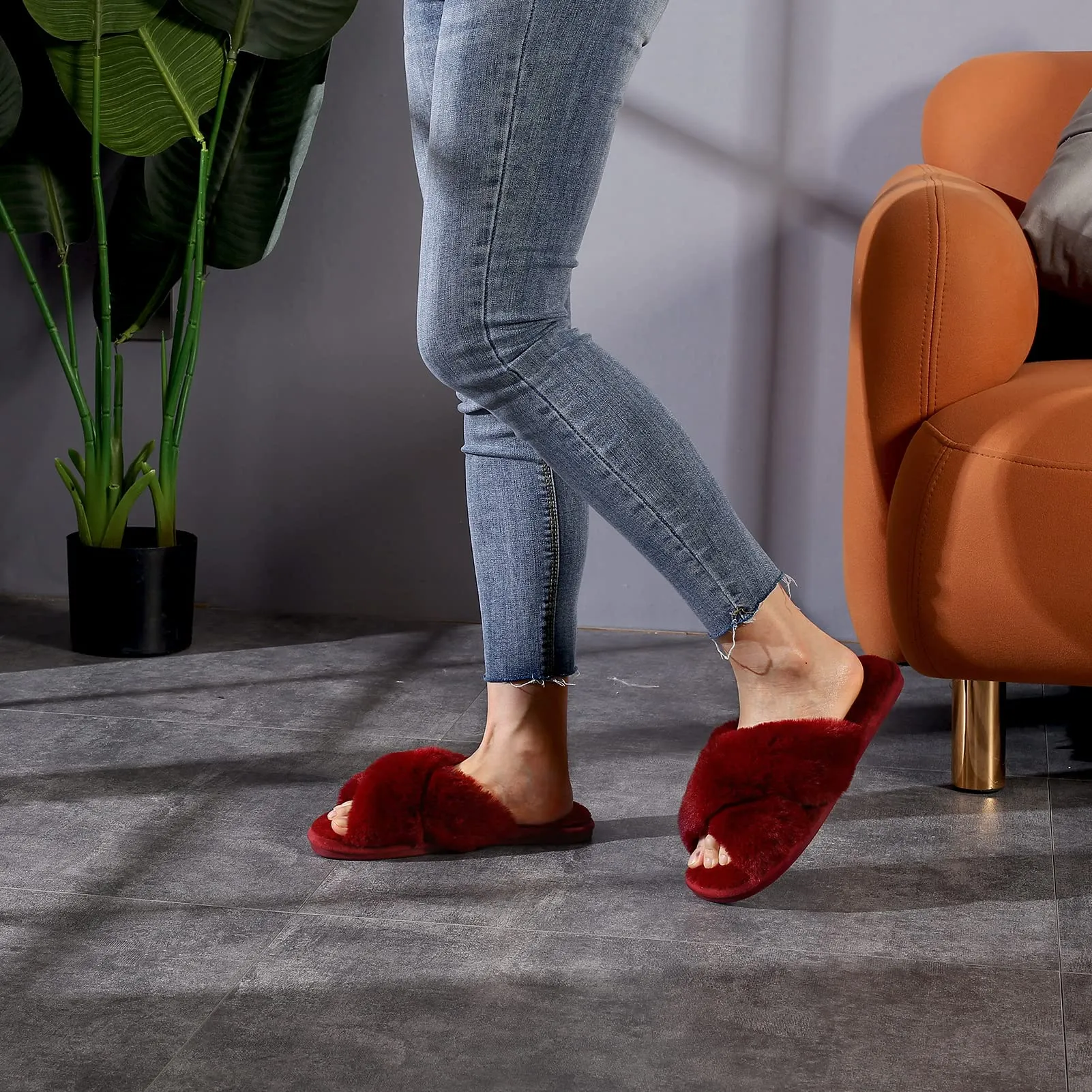 Women's Plush Open Toe Cross Band Slippers