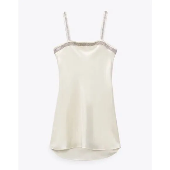 ZARA NEW WOMAN SHORT STRAPPY SATIN DRESS RHINESTONE OYSTER WHITE LARGE